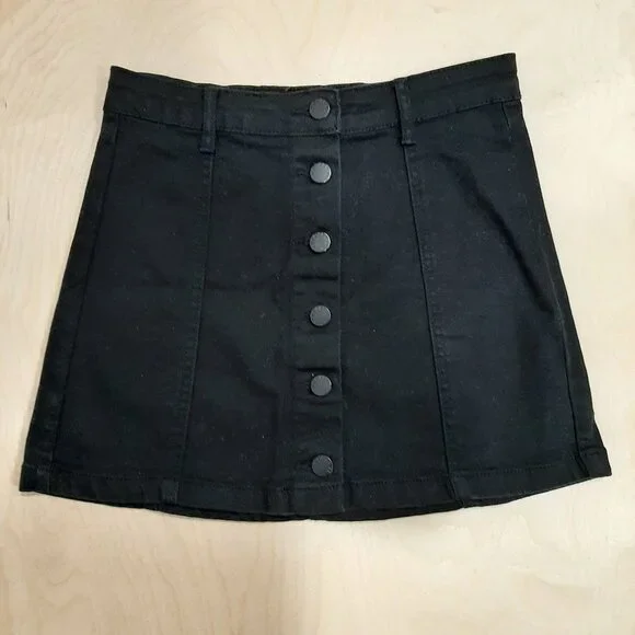 Denim black button up preppy academia minimalist mini skirt - Picture 1 of 4
